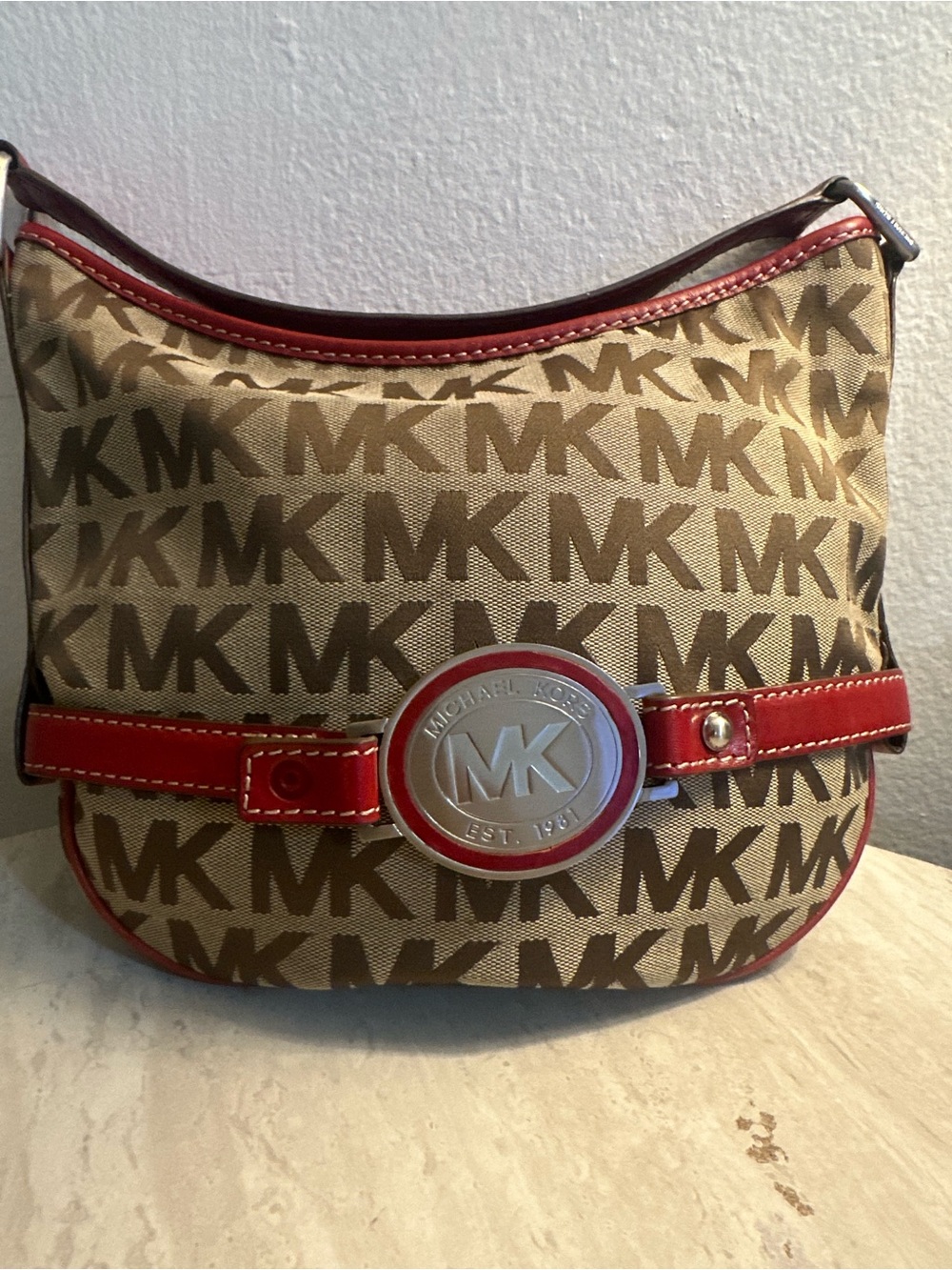 Michael Kors Tan MK Logo Shoulder Bag with Red Trim